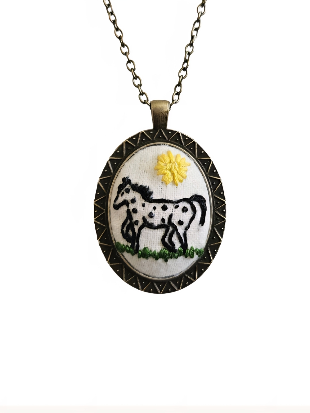 Hand-Embroidered Appaloosa Horse Pendant Necklace - Yellow & Black